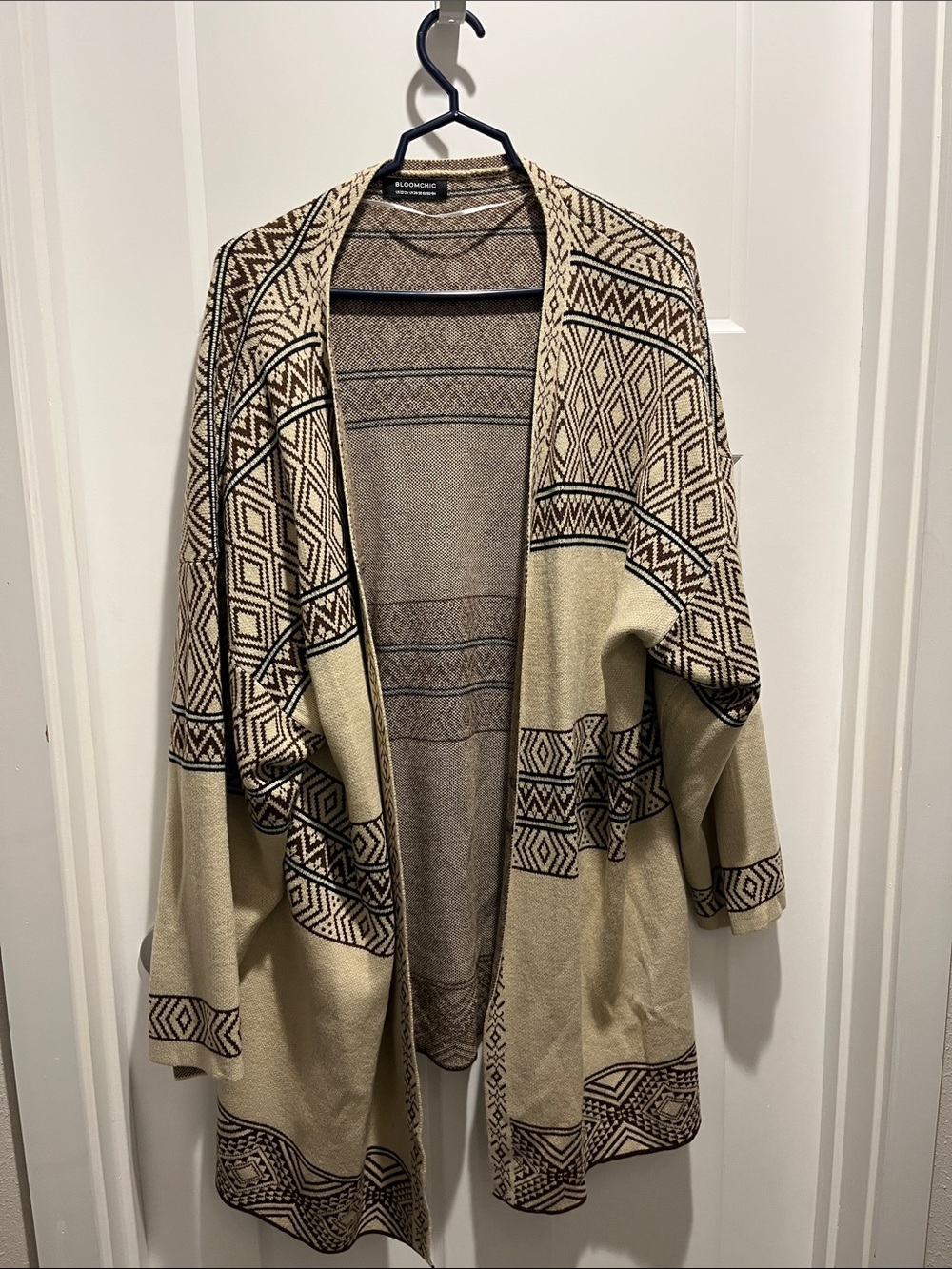 BloomChic Cream and Brown Geometric Open-Front Cardigan